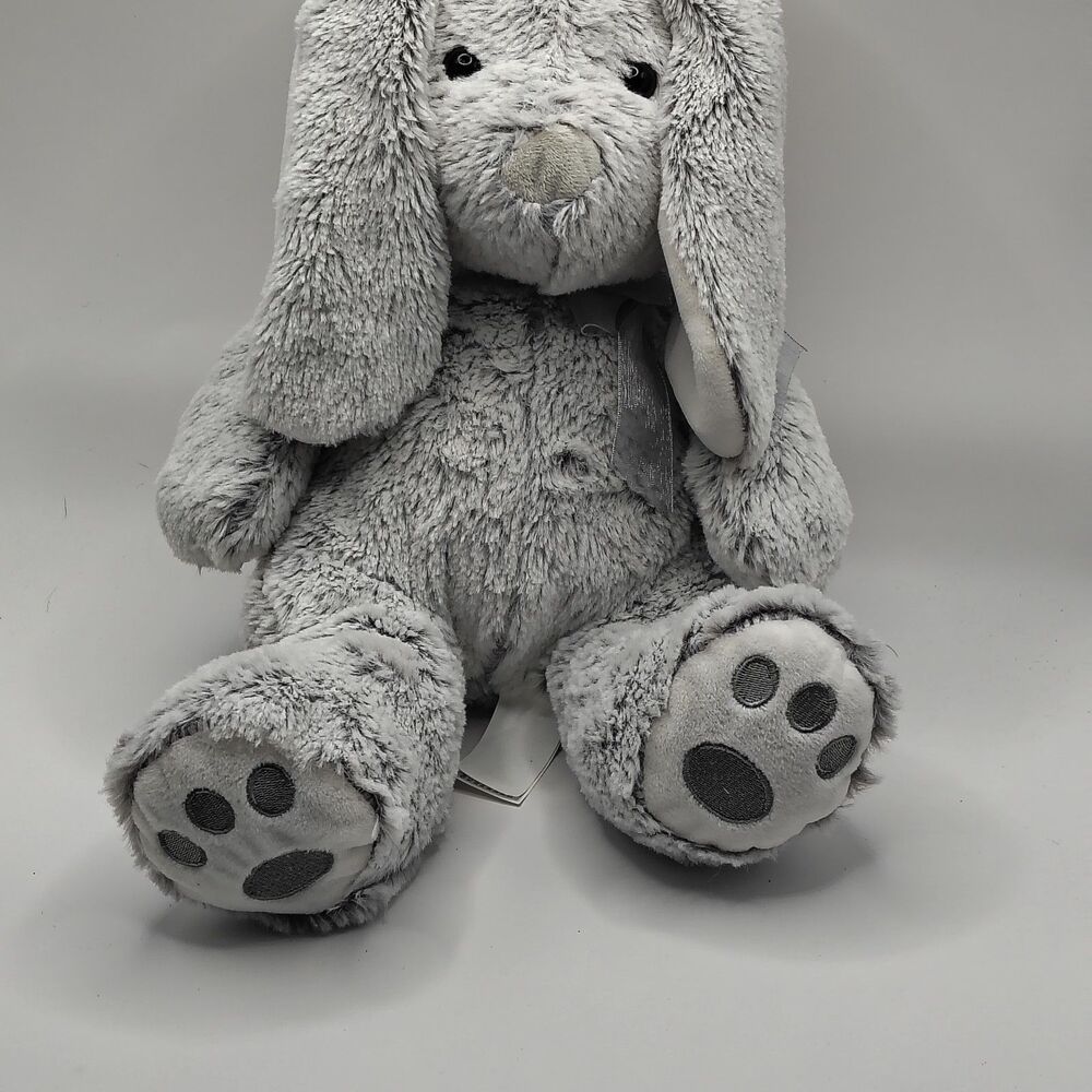 Hugfun Grey Bunny Rabbit Plush Long Floppy Ears Silver Bow Neck Paw Prints